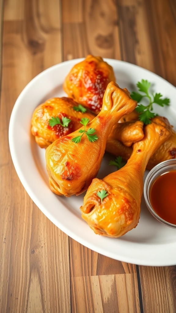 Crispy Baked Chicken Drumsticks for Kids Crispy baked chicken drumsticks on a plate with parsley and dipping sauce.